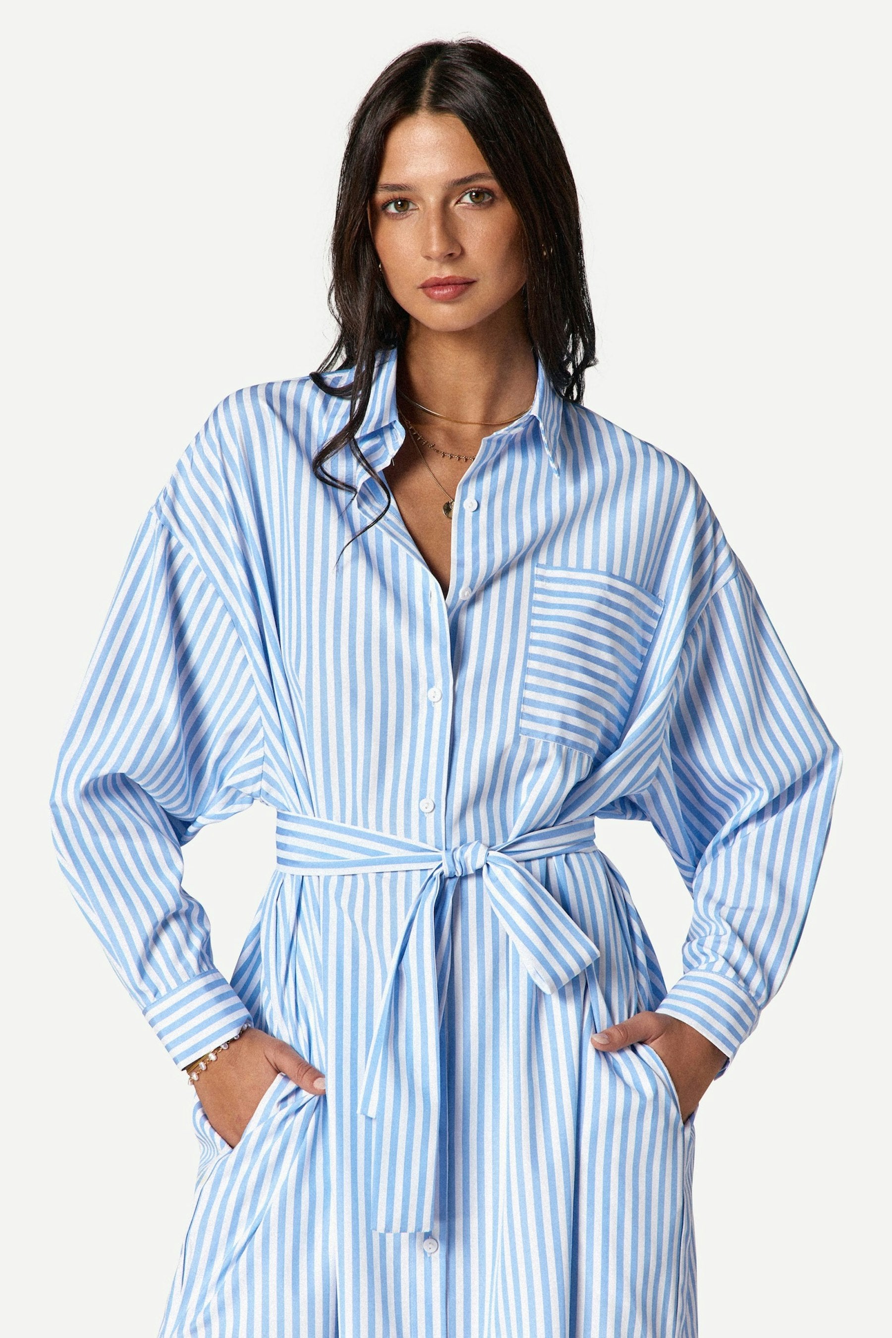 Robe longue chemise rayée Bleu - Axara Paris